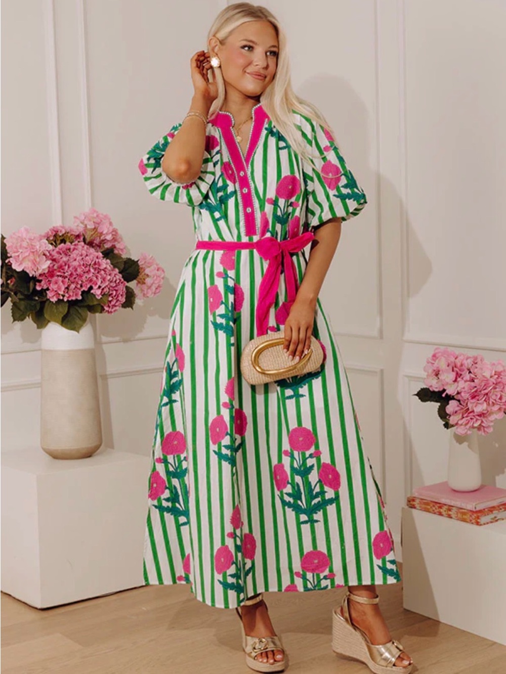 Umgee Pink & Green Floral-Striped Midi Dress 5 Star Reviews Fan Favorite NEW!